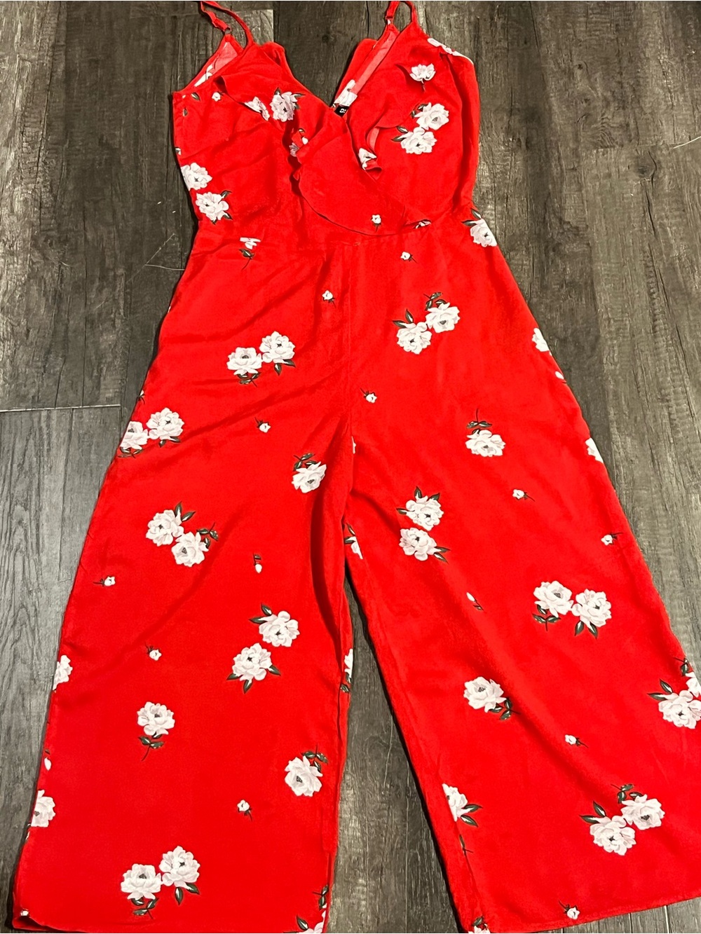 Divided H&M Red Floral Ruffle Wide Leg Jumpsuit capris Sz 4